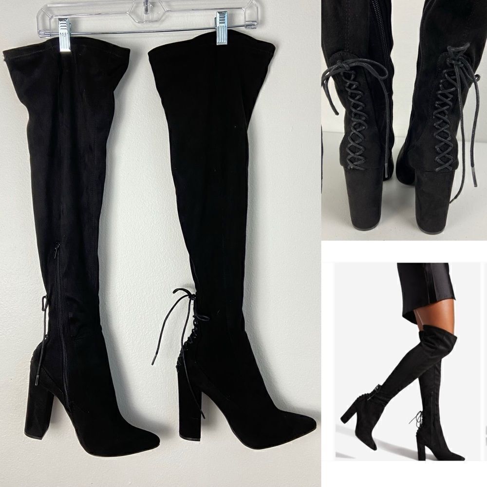 Shoe Dazzle Ivona Black Micro Suede Over the Knee Boots Grunge Streetwear Sz 8.5